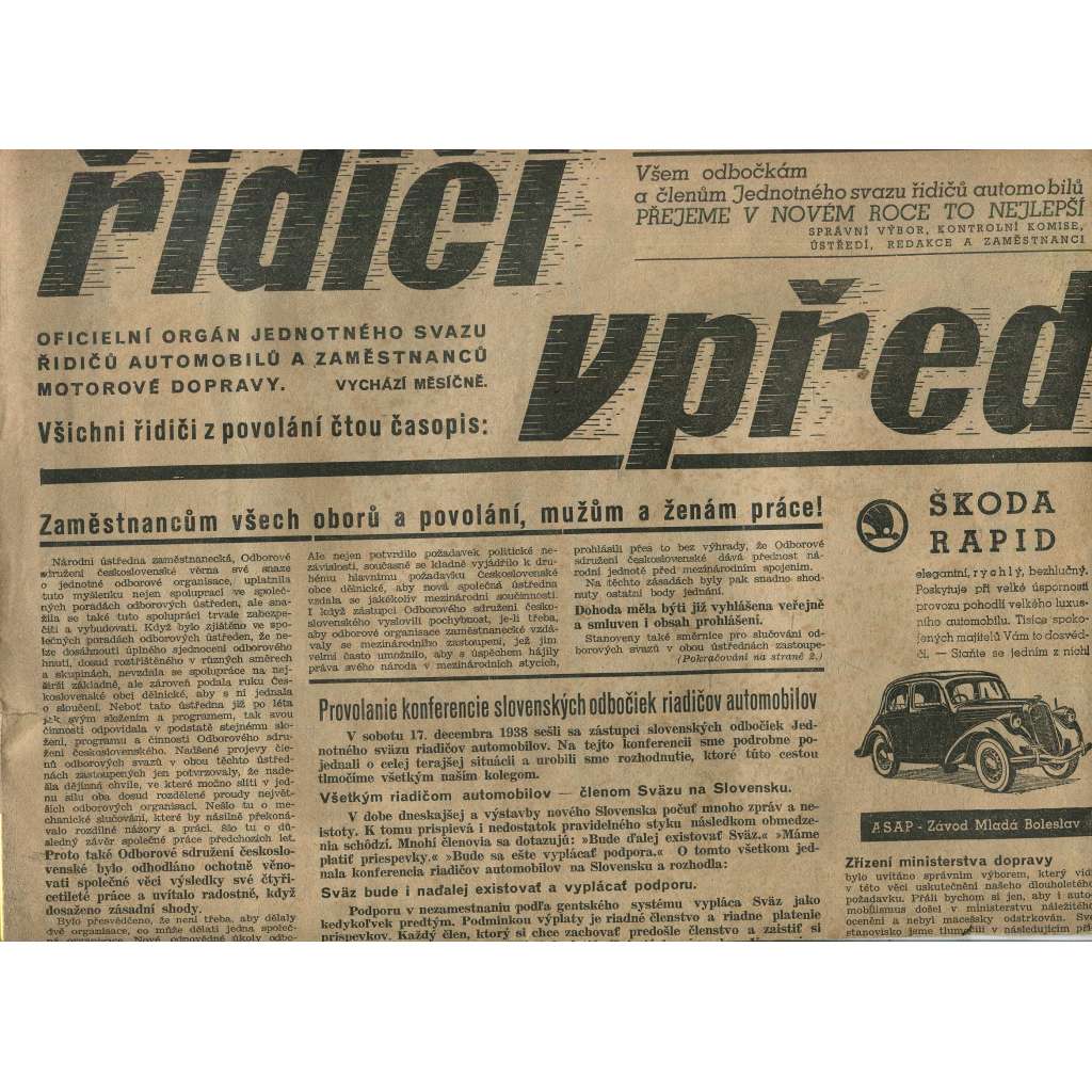 Řidiči vpřed, ročník XXI., číslo 1/1939 (noviny)