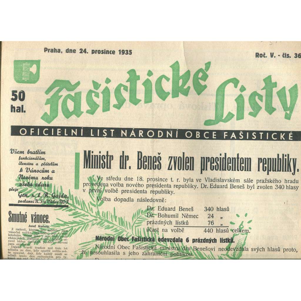Fašistické listy, ročník V., číslo 36/1935. Oficiální list Národní obce fašistické (noviny, pravicová literatura, 1. republika)