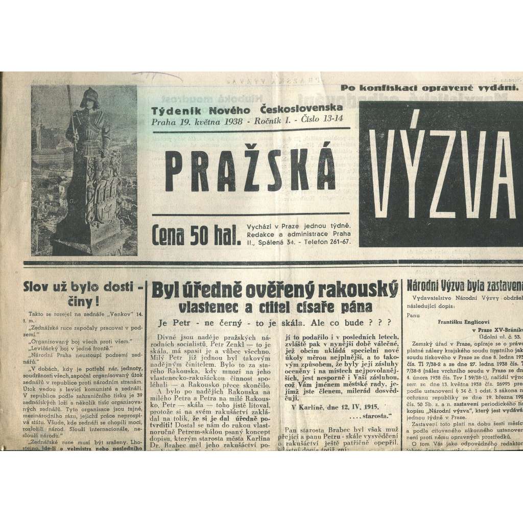 Pražská výzva, ročník I., číslo 13-14/19385. Týdeník Nového Československa (noviny, 1. republika)