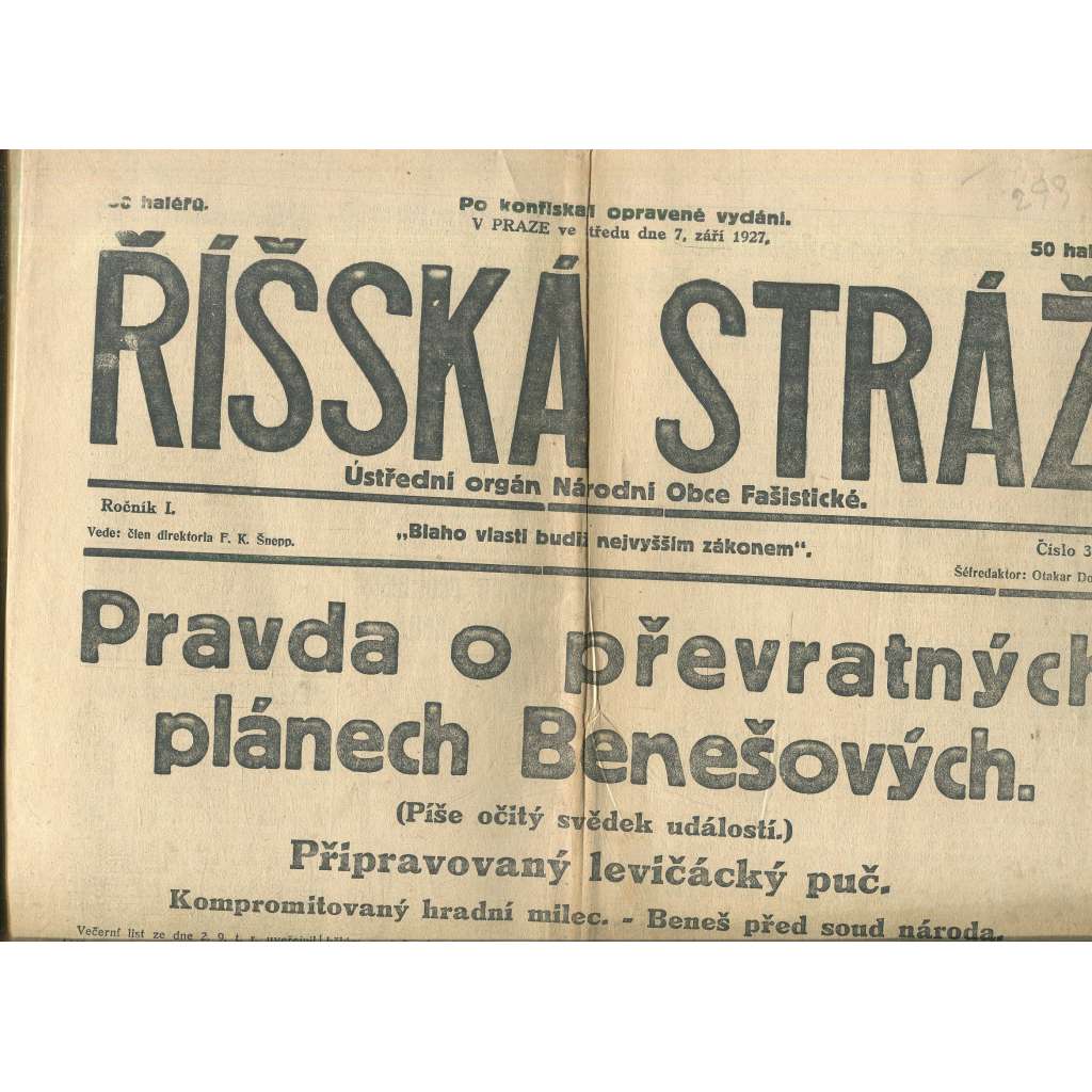 Říšská stráž, ročník I., číslo 34/1927. Ústřední orgán Národní obce fašistické (staré noviny, fašisté, pravicová literatura)