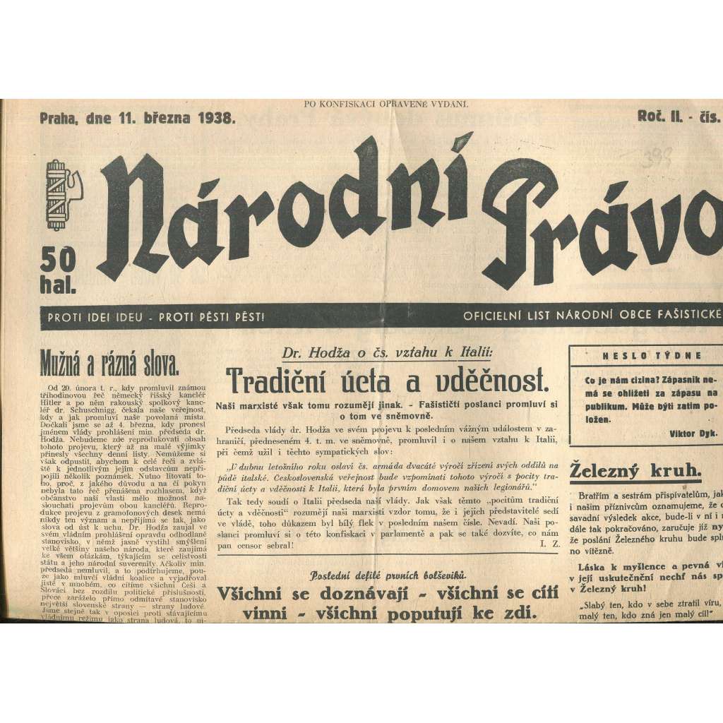 Národní právo, ročník II., číslo 9/1938. Oficielní list národní obce fašistické (noviny, pravicová literatura)