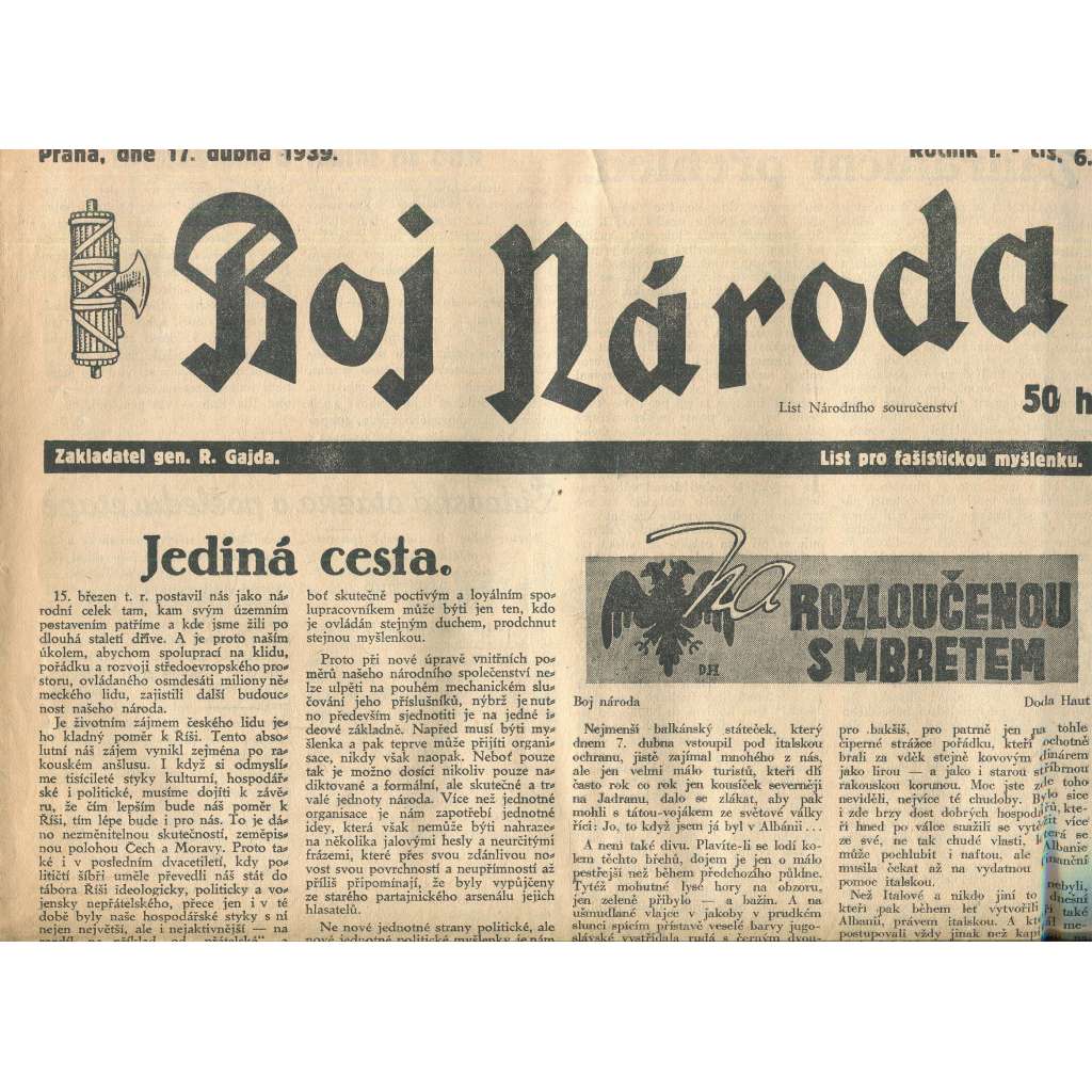 Boj národa, ročník I., číslo 6/1939. List pro fašistickou myšlenku (R. Gajda) noviny