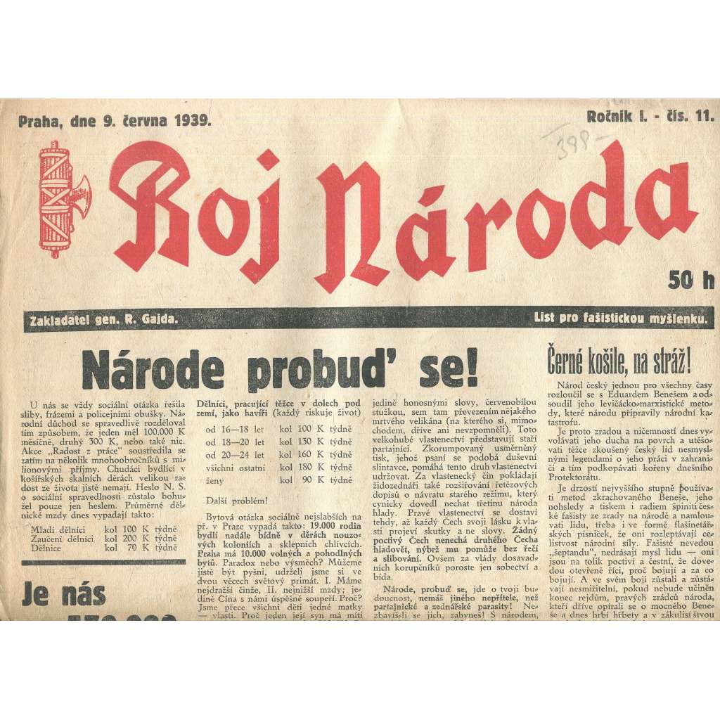 Boj národa, ročník I., číslo 11/1939. List pro fašistickou myšlenku (R. Gajda) noviny