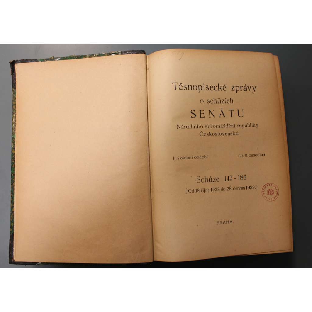 Těsnopisecké zprávy o schůzích senátu Národního shromáždění republiky Československé 1928-1929. Schůze 147-186 (senát, první republika, tisky, zákony; polokožená vazba - vazba kůže)