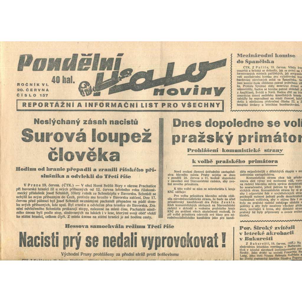Halo noviny, ročník VI., číslo 157/1938