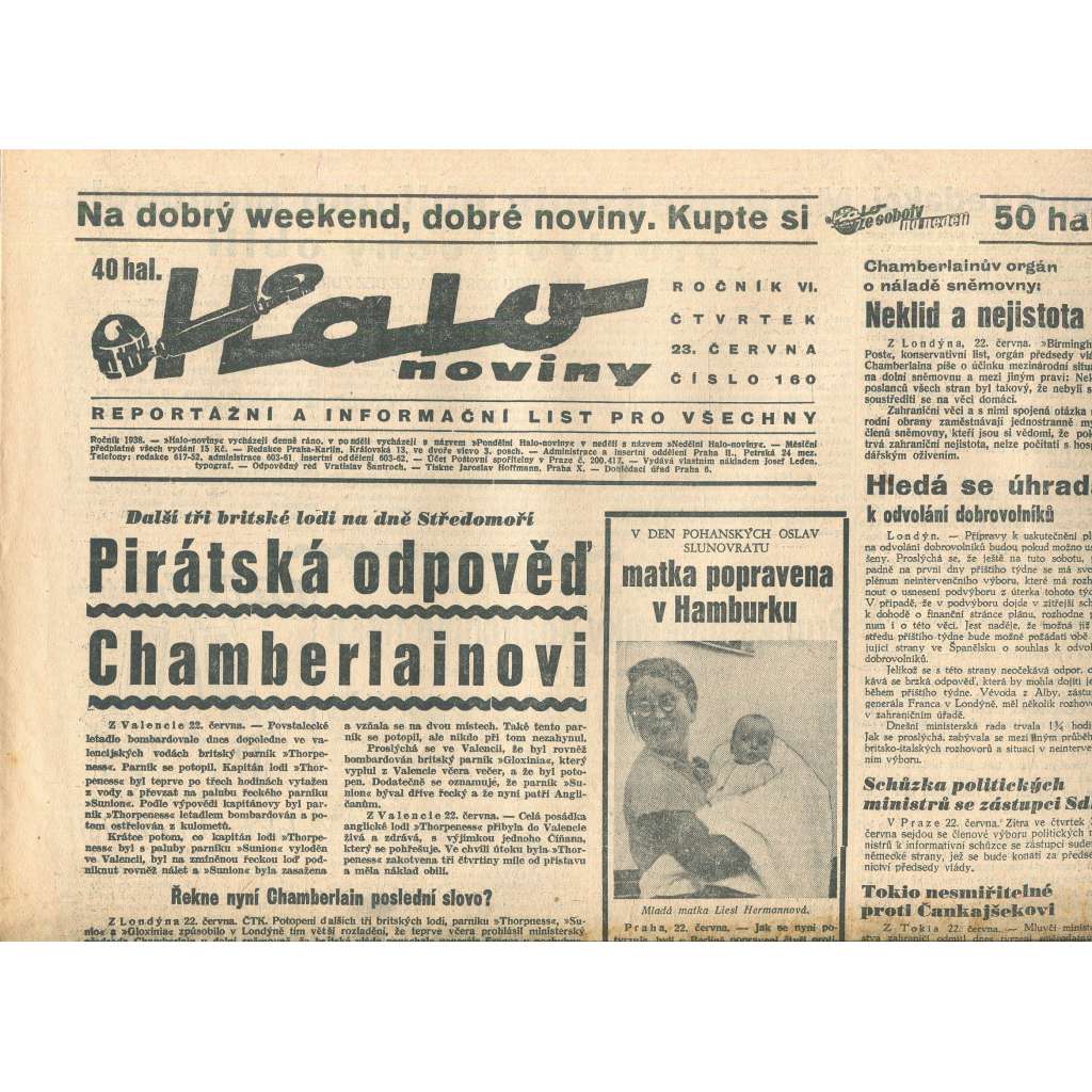 Halo noviny, ročník VI., číslo 160/1938