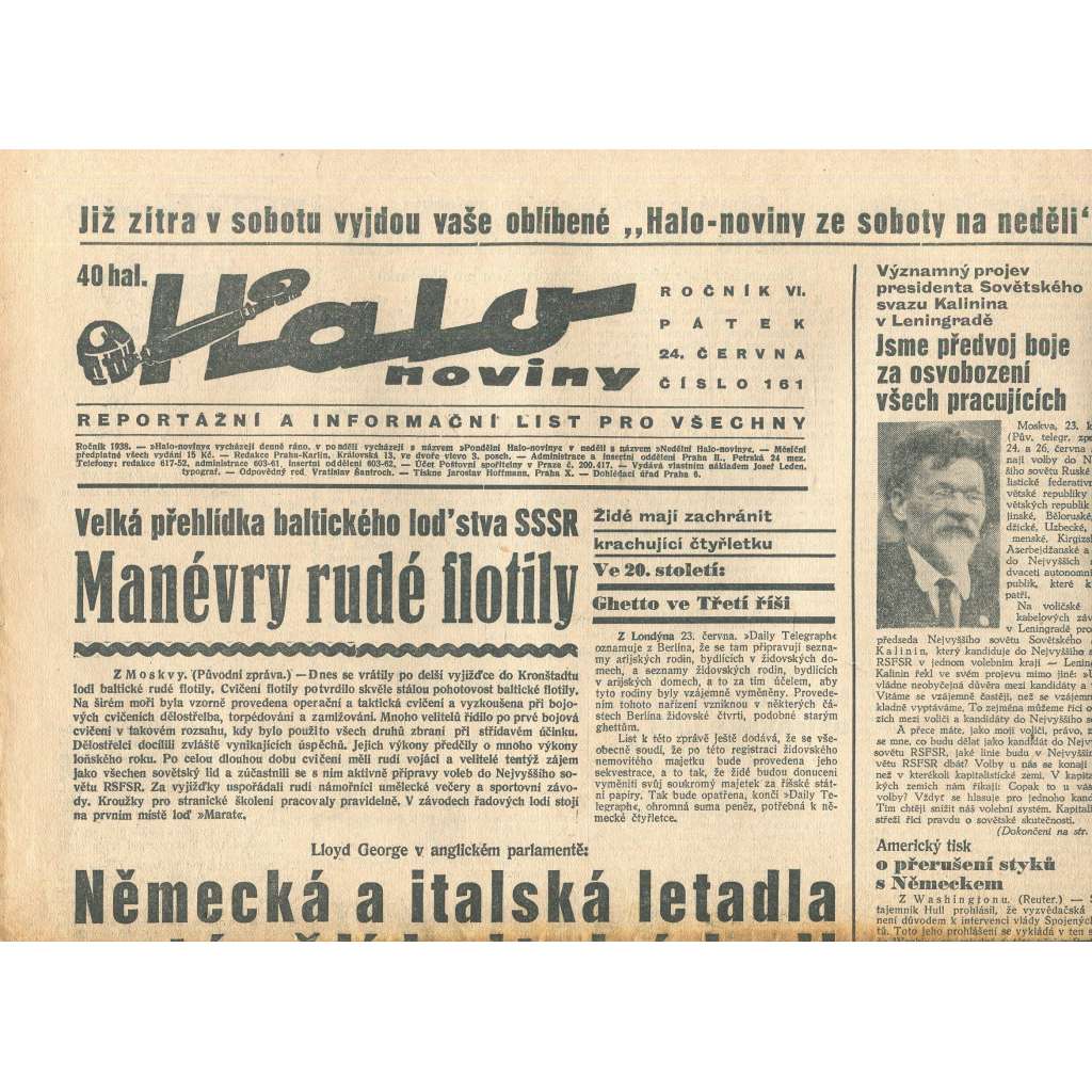 Halo noviny, ročník VI., číslo 161/1938