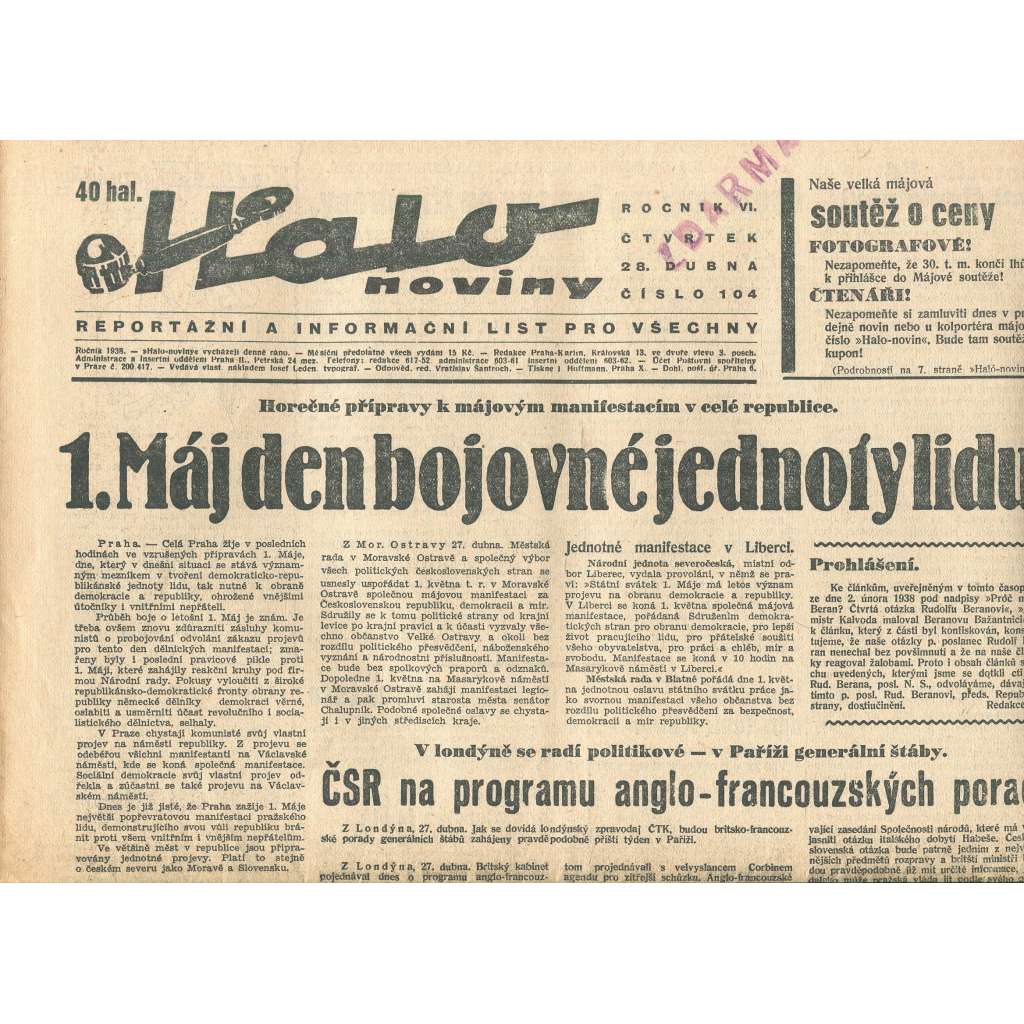 Halo noviny, ročník VI., číslo 104/1938