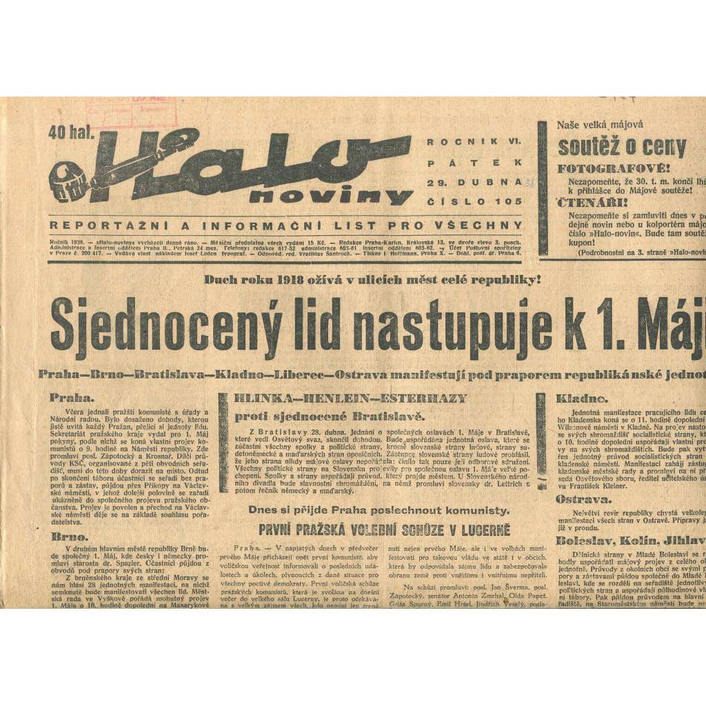 Halo noviny, ročník VI., číslo 105/1938