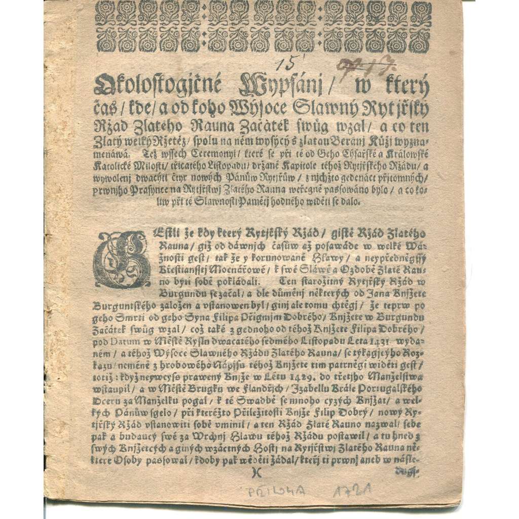 Český postilion, číslo 6. Příloha z roku 1721