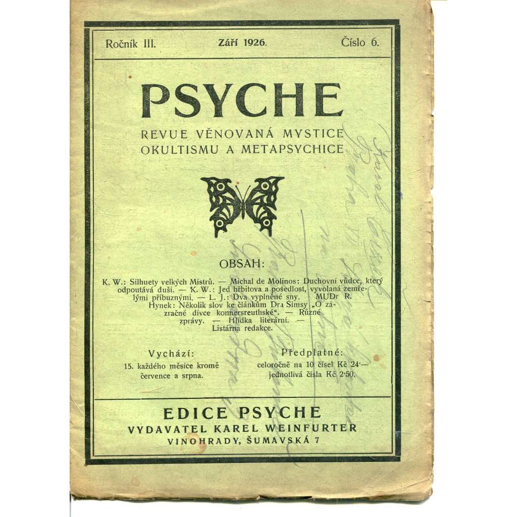 Psyche, ročník III./1926, číslo 6 (Revue věnovaná mystice, okultismu a metapsychice)