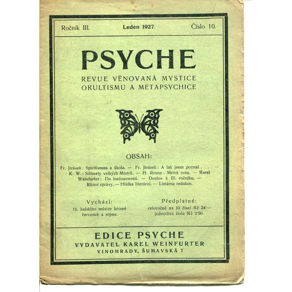 Psyche, ročník III./1927, číslo 10 (Revue věnovaná mystice, okultismu a metapsychice)