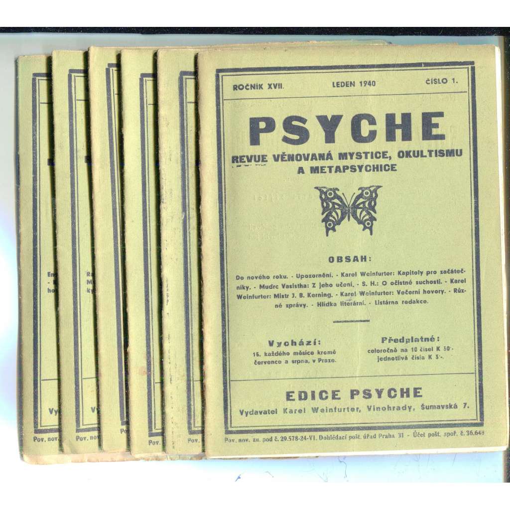 Psyche, ročník XVII./1940, čísla 1.-6. (Revue věnovaná mystice, okultismu a metapsychice) -není kompletní Psyche, ročník XVII./1940, čísla 1.-6. (Revue věnovaná mystice, okultismu a metapsychice) -není kompletní