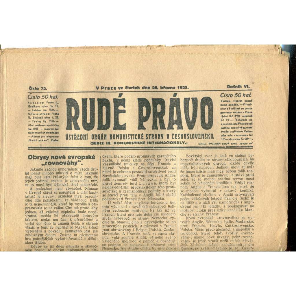 Rudé právo, ročník VI., číslo 71/1925 (1. republika, staré noviny) - 26.3.1925 Rudé právo, ročník VI., číslo 71/1925 (1. republika, staré noviny) - 26.3.1925