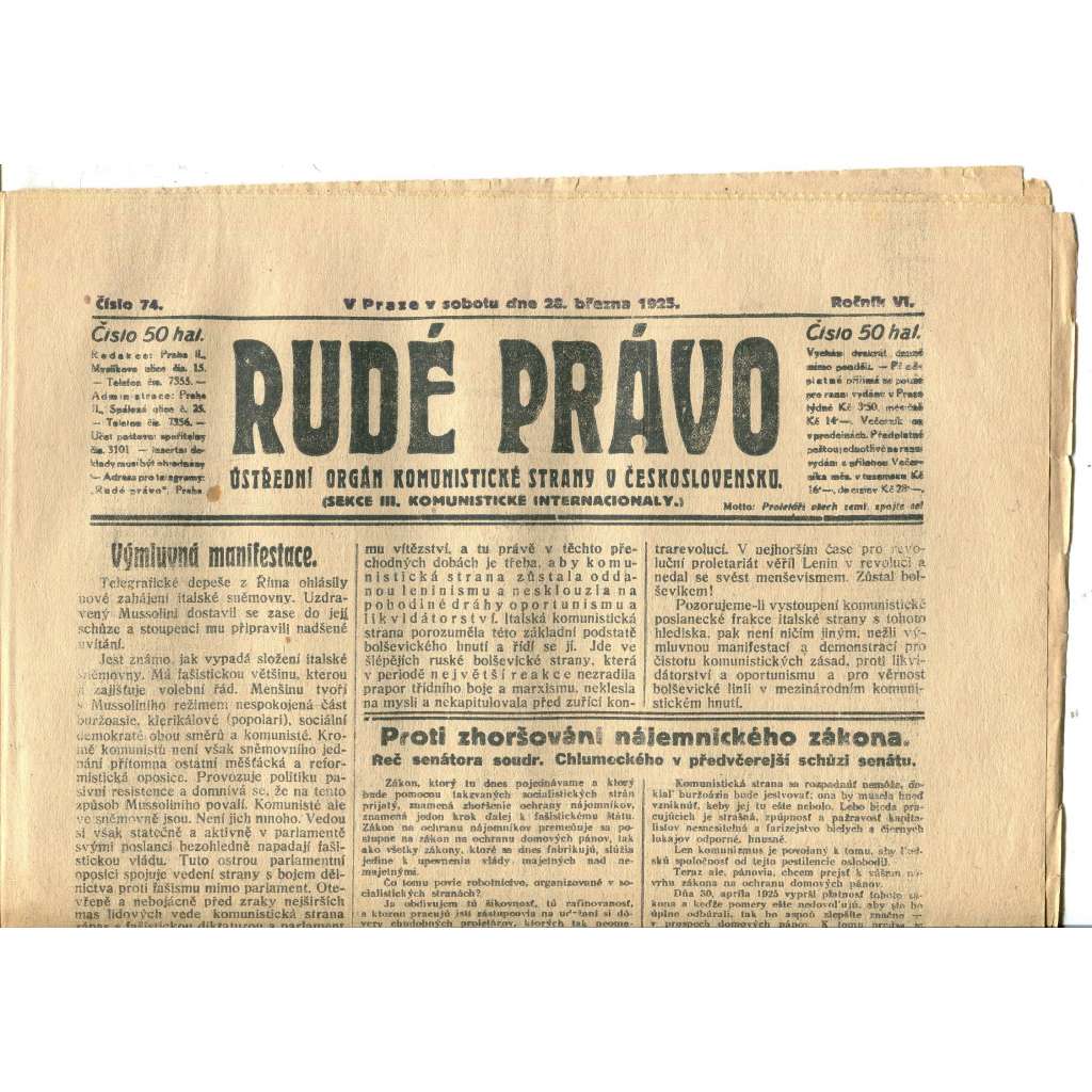 Rudé právo, ročník VI., číslo 74/1925 (1. republika, staré noviny) - 28.3.1925 Rudé právo, ročník VI., číslo 74/1925 (1. republika, staré noviny) - 28.3.1925