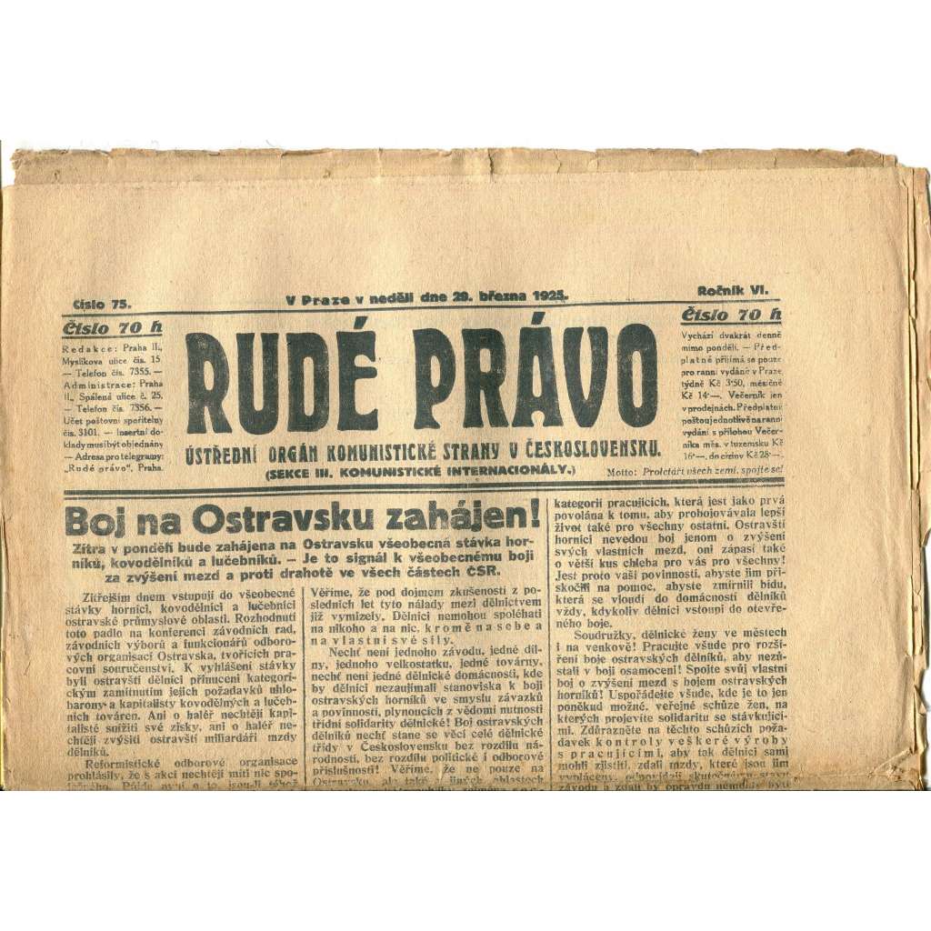 Rudé právo, ročník VI., číslo 75/1925 (1. republika, staré noviny) - 29.3.1925 Rudé právo, ročník VI., číslo 75/1925 (1. republika, staré noviny) - 29.3.1925