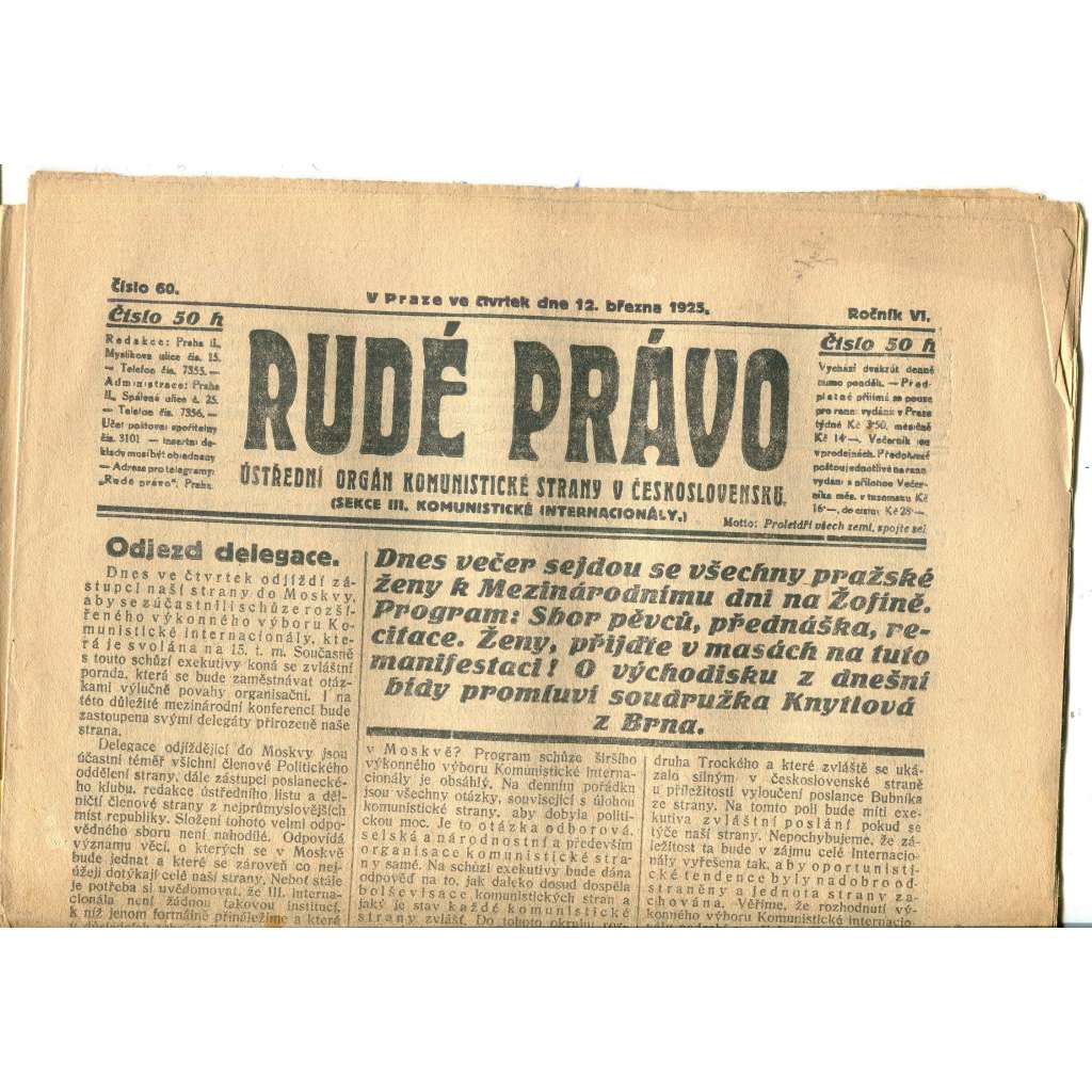 Rudé právo, ročník VI., číslo 60/1925 (1. republika, staré noviny) - 12.3.1925 Rudé právo, ročník VI., číslo 60/1925 (1. republika, staré noviny) - 12.3.1925