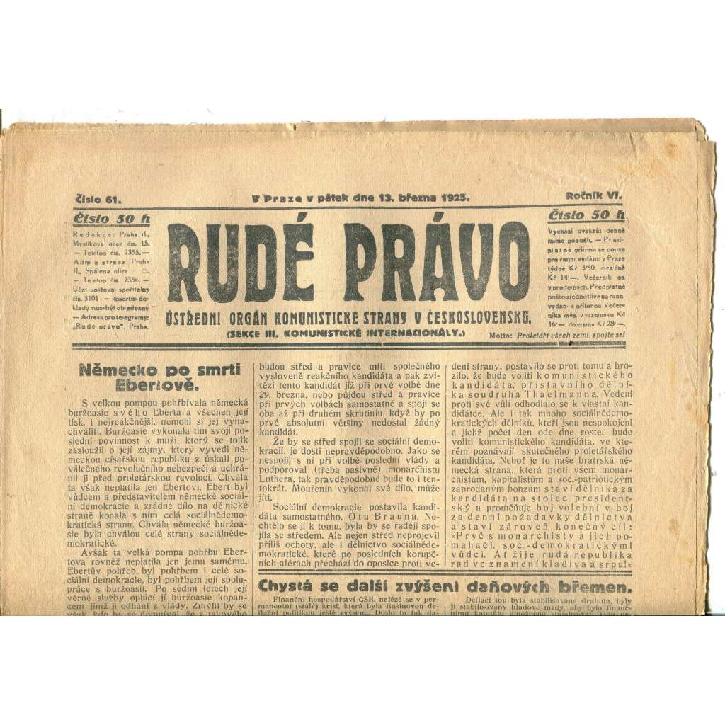 Rudé právo, ročník VI., číslo 61/1925 (1. republika, staré noviny) - 13.3.1925