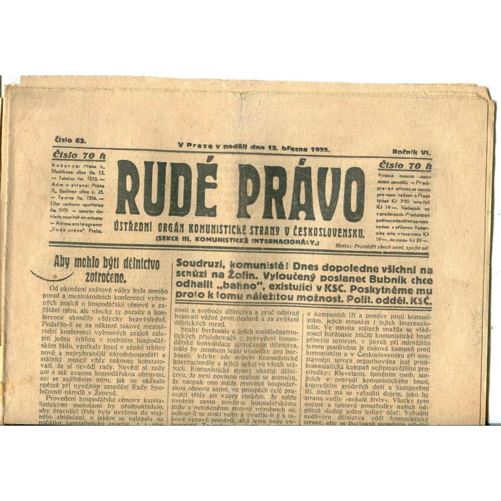 Rudé právo, ročník VI., číslo 63/1925 (1. republika, staré noviny) - 15.3.1925