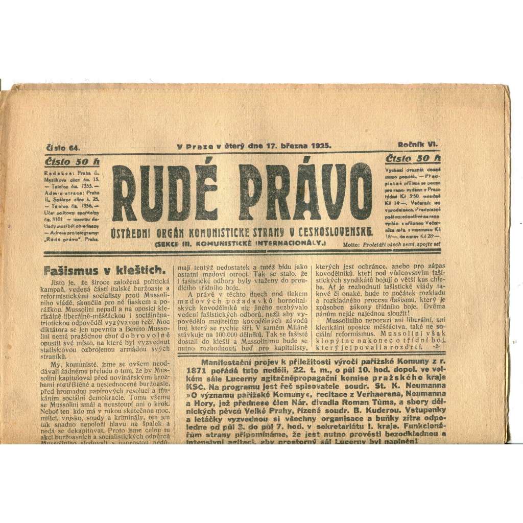 Rudé právo, ročník VI., číslo 64/1925 (1. republika, staré noviny) - 17.3.1925