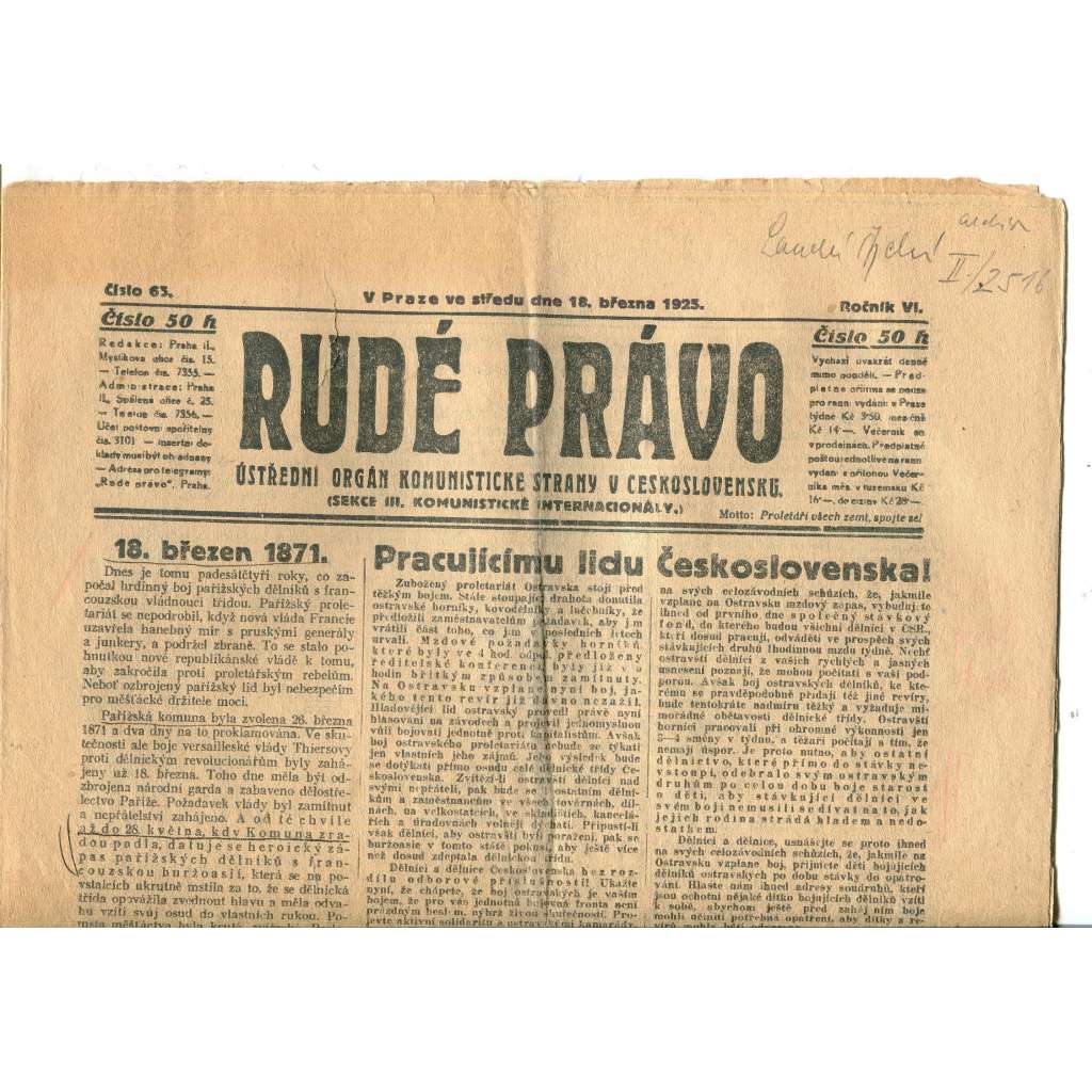 Rudé právo, ročník VI., číslo 65/1925 (1. republika, staré noviny) - 18.3.1925