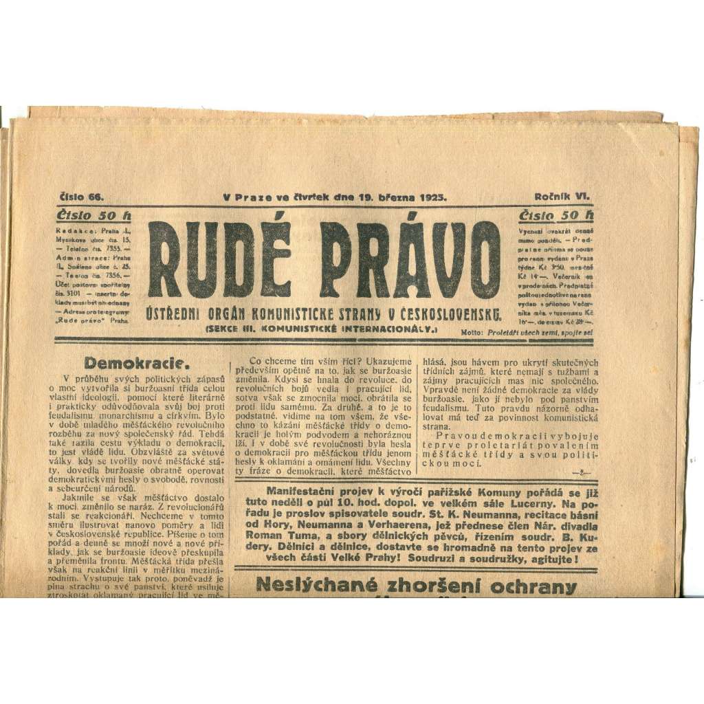Rudé právo, ročník VI., číslo 66/1925 (1. republika, staré noviny) - 19.3.1925