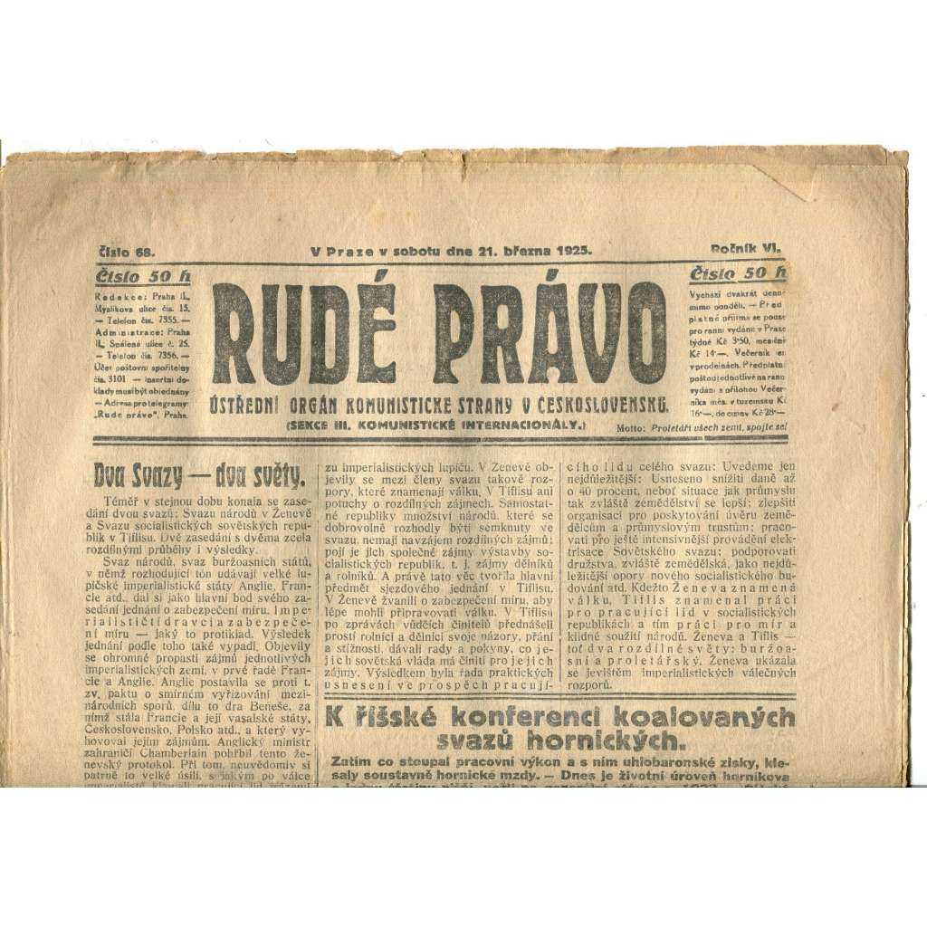 Rudé právo, ročník VI., číslo 68/1925 (1. republika, staré noviny) - 21.3.1925