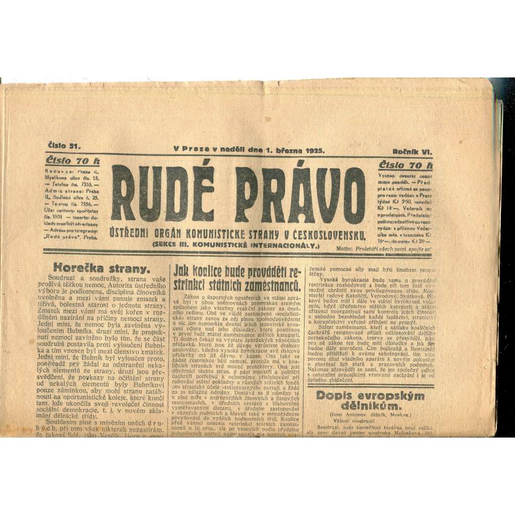 Rudé právo, ročník VI., číslo 51/1925 (1. republika, staré noviny) - 1.3.1925