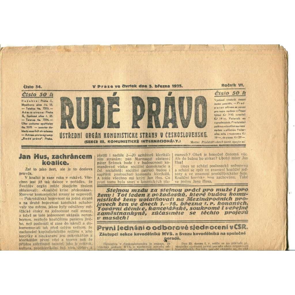Rudé právo, ročník VI., číslo 54/1925 (1. republika, staré noviny) - 5.3.1925