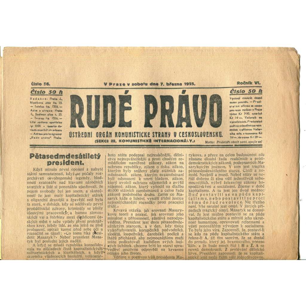 Rudé právo, ročník VI., číslo 56/1925 (1. republika, staré noviny) - 7.3.1925