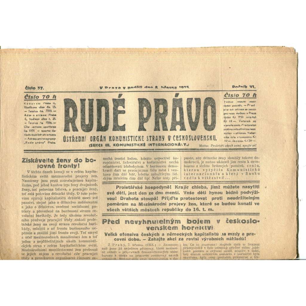 Rudé právo, ročník VI., číslo 57/1925 (1. republika, staré noviny) - 8.3.1925