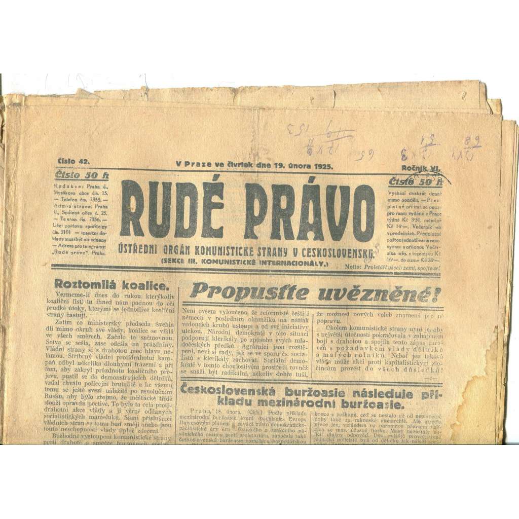 Rudé právo, ročník VI., číslo 42/1925 (1. republika, staré noviny) - 19.2.1925 (pošk.)