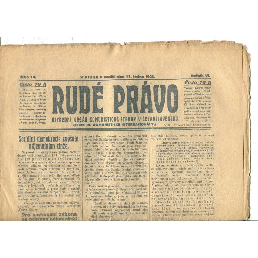 Rudé právo, ročník VI., číslo 10/1925 (1. republika, staré noviny) - 11.1.1925