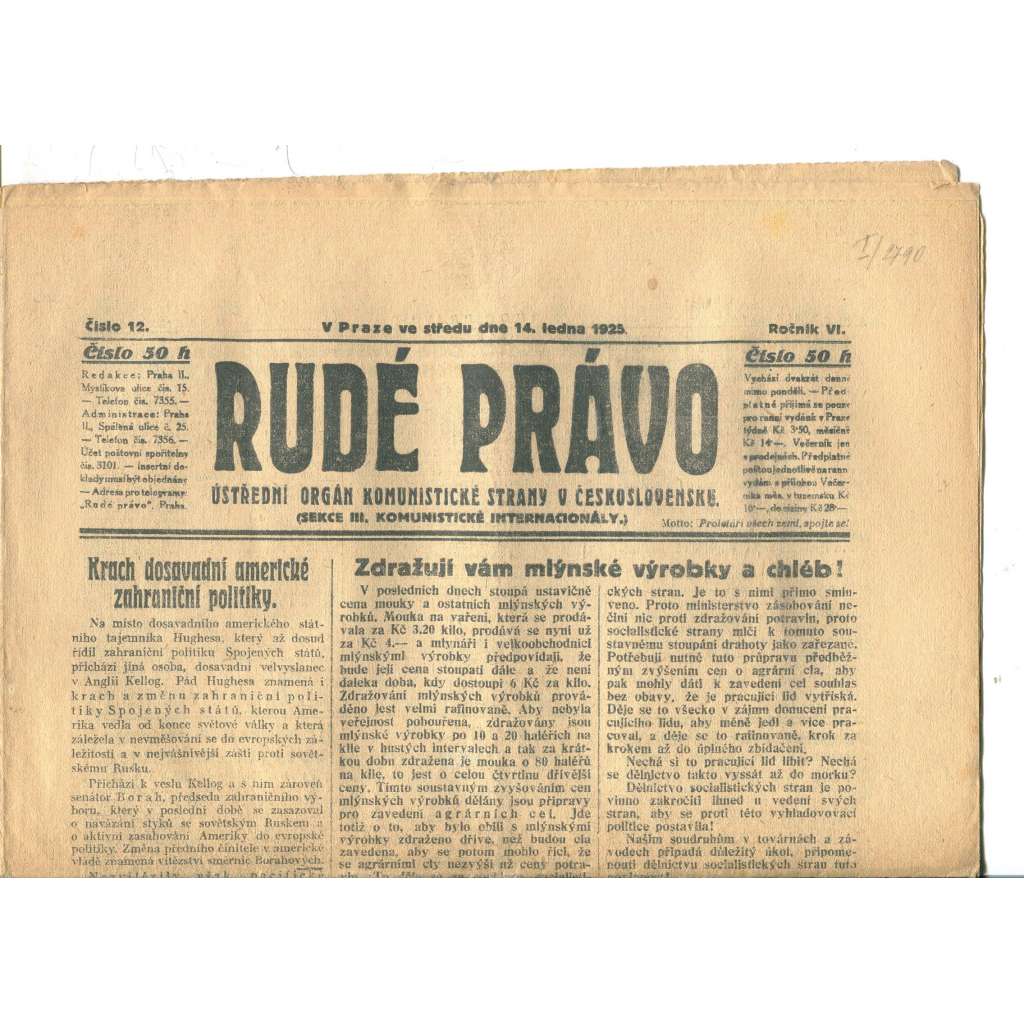 Rudé právo, ročník VI., číslo 12/1925 (1. republika, staré noviny) - 14.1.1925