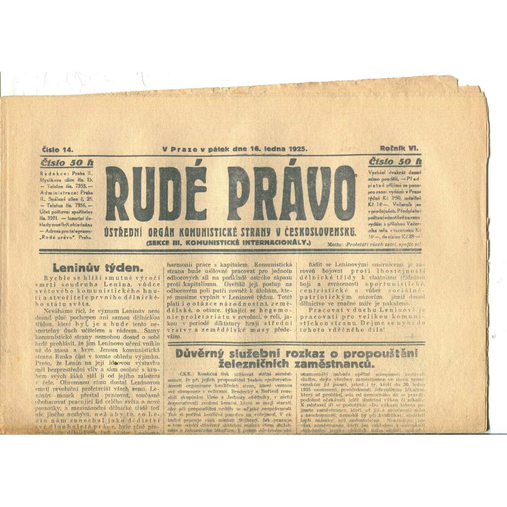 Rudé právo, ročník VI., číslo 14/1925 (1. republika, staré noviny) - 16.1.1925