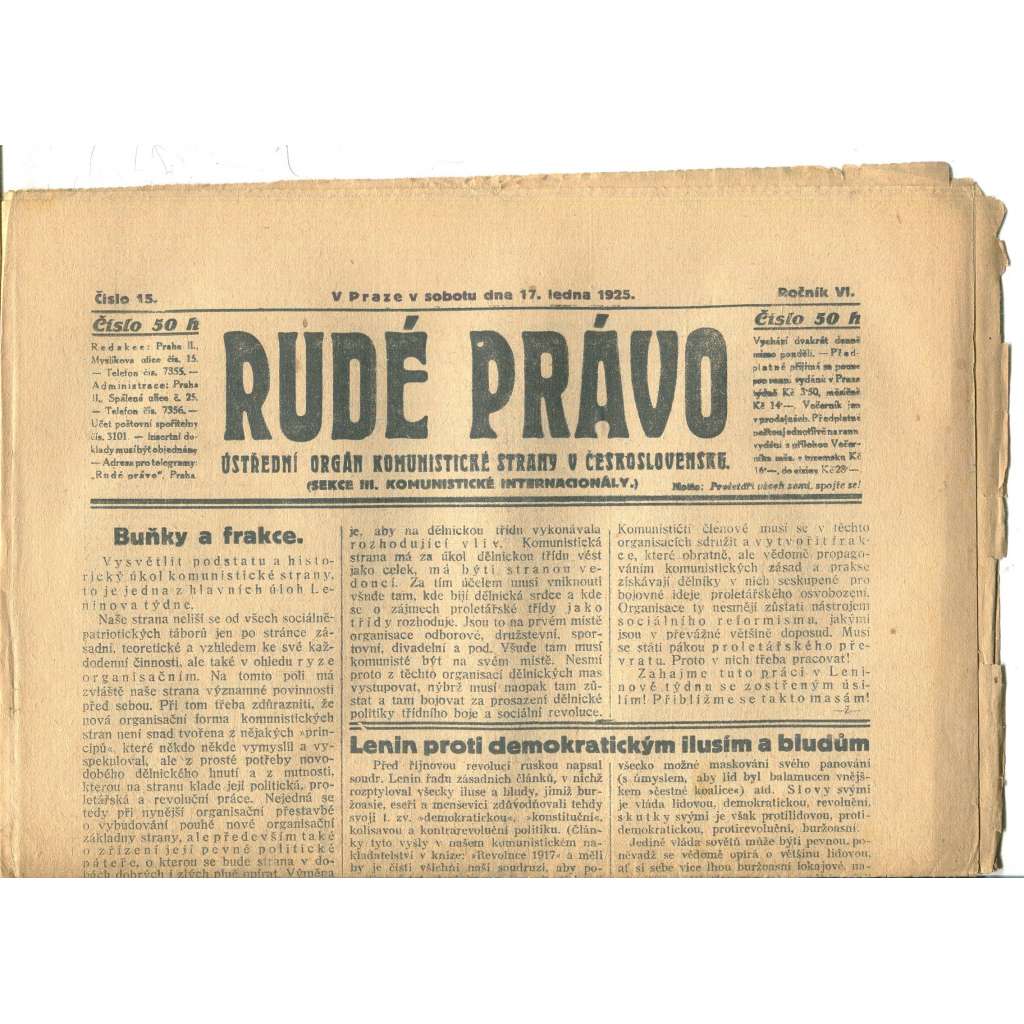 Rudé právo, ročník VI., číslo 15/1925 (1. republika, staré noviny) - 17.1.1925