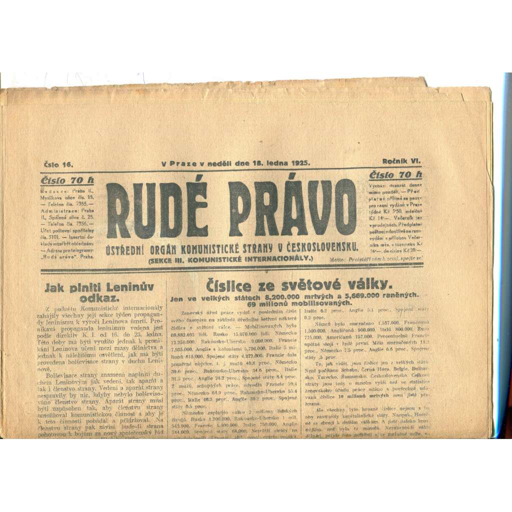Rudé právo, ročník VI., číslo 16/1925 (1. republika, staré noviny) - 18.1.1925 (není kompletní)