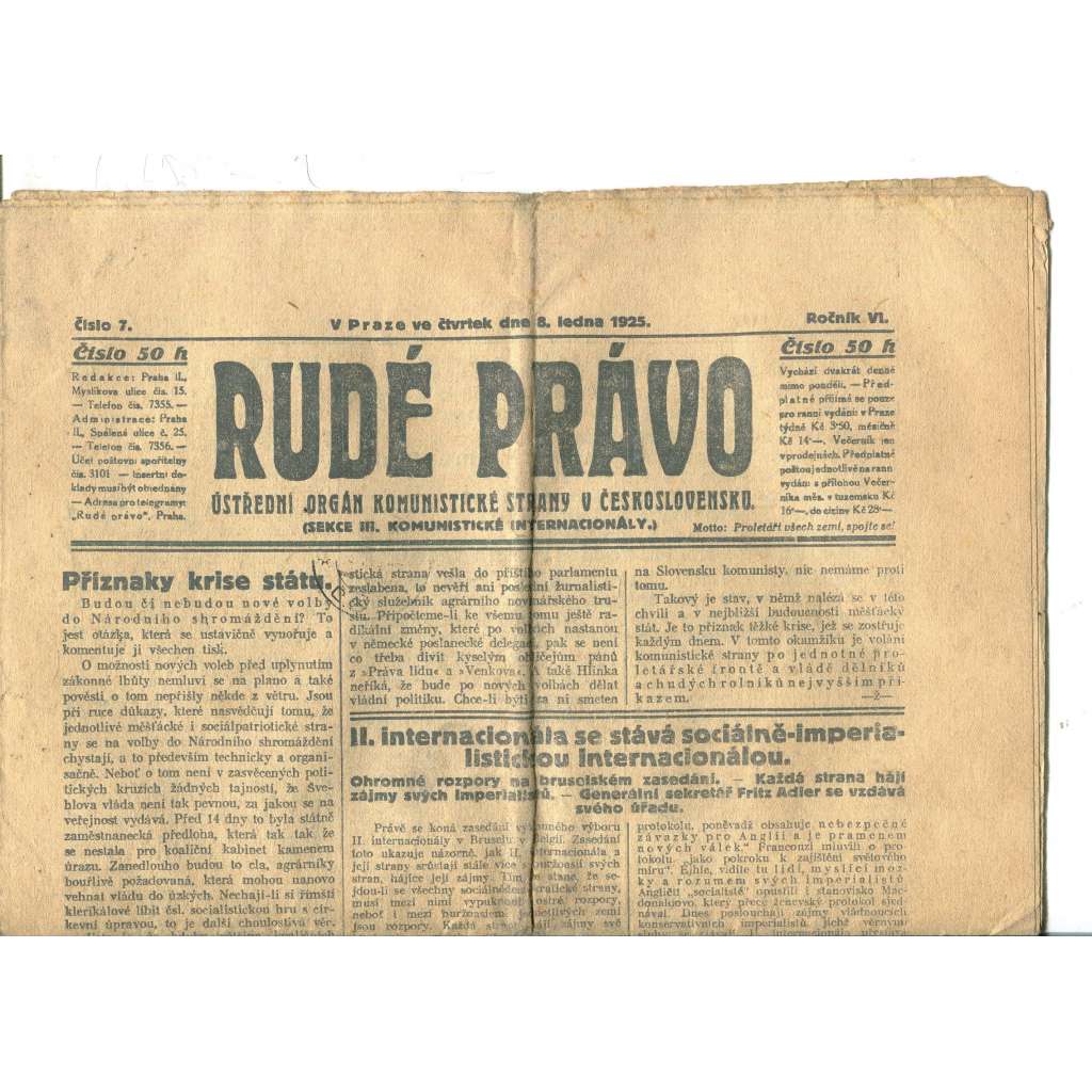 Rudé právo, ročník VI., číslo 7/1925 (1. republika, staré noviny) - 8.1.1925