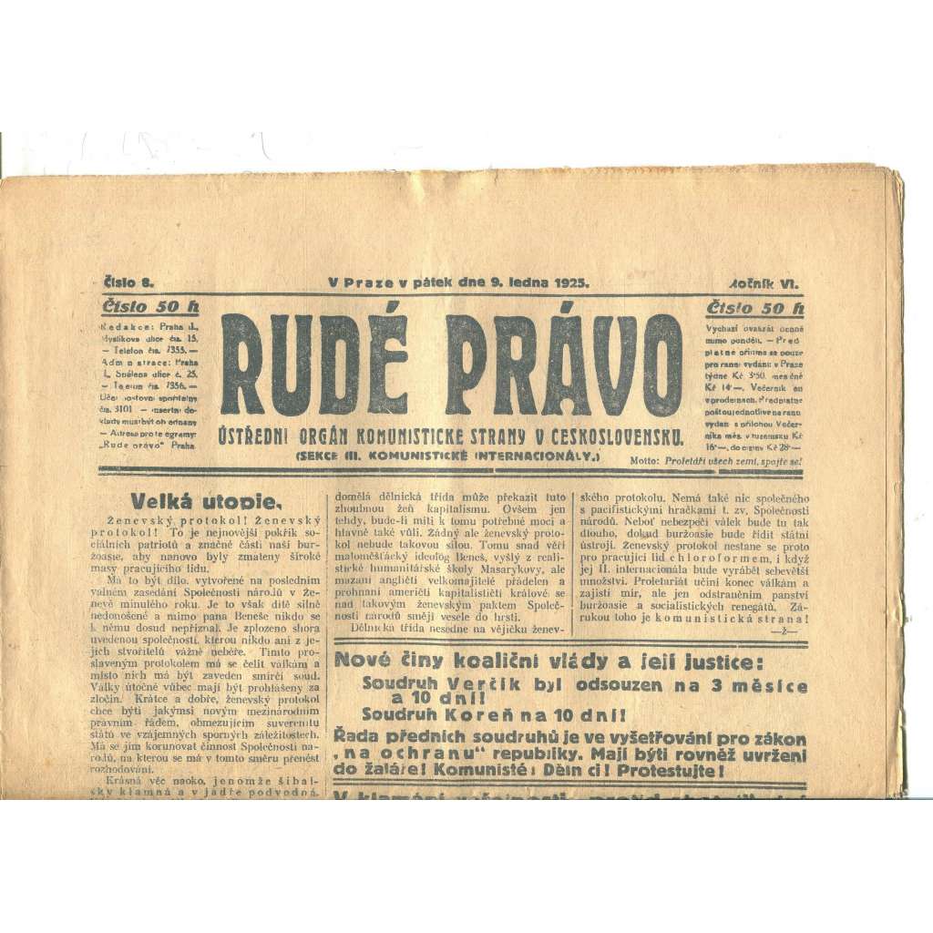 Rudé právo, ročník VI., číslo 8/1925 (1. republika, staré noviny) - 9.1.1925