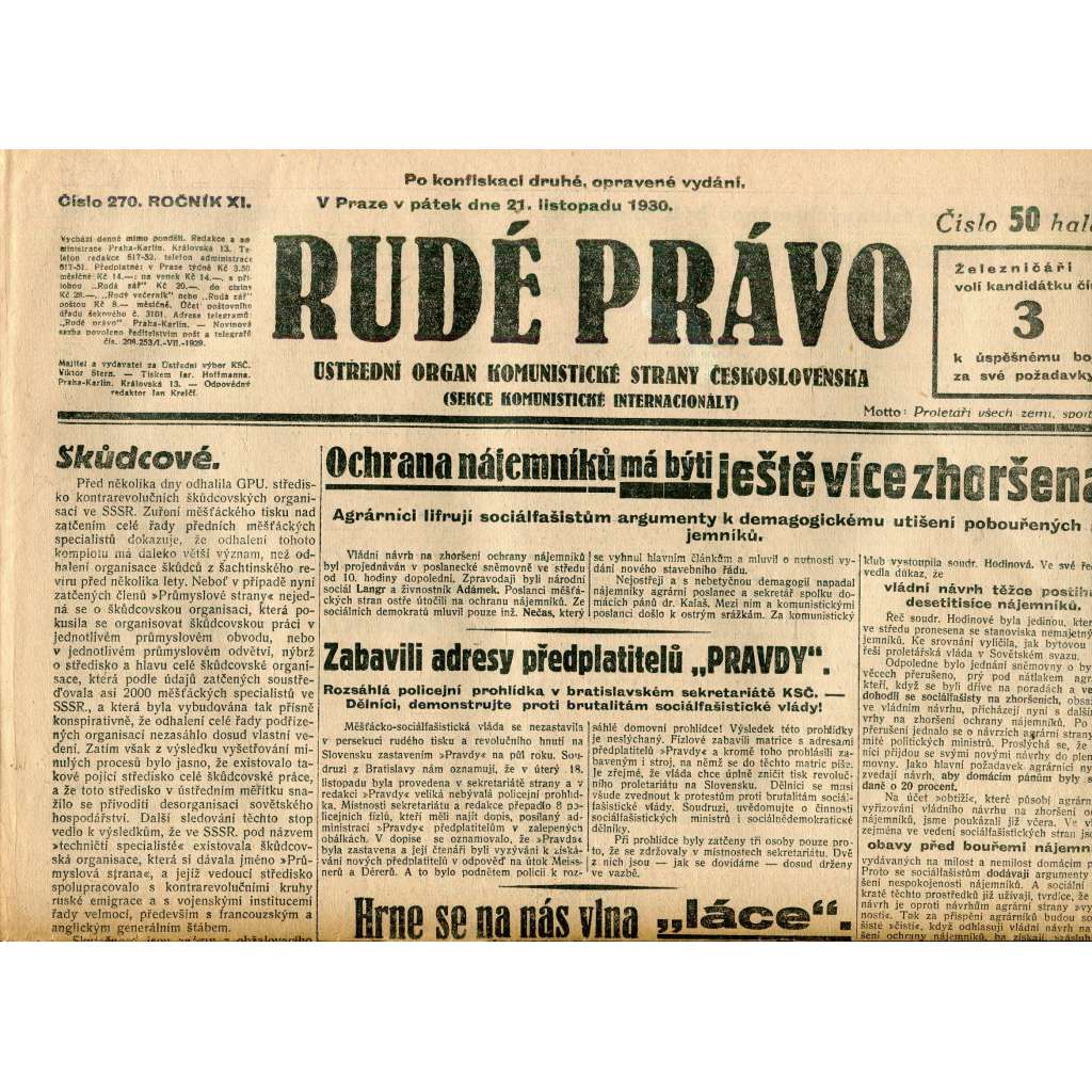 Rudé právo, ročník XI., číslo 270/1930 (1. republika, staré noviny) - 21.11.1930