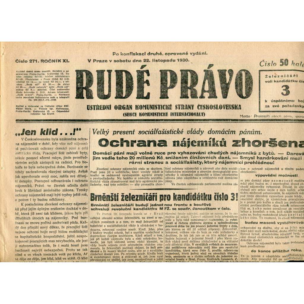Rudé právo, ročník XI., číslo 271/1930 (1. republika, staré noviny) - 22.11.1930