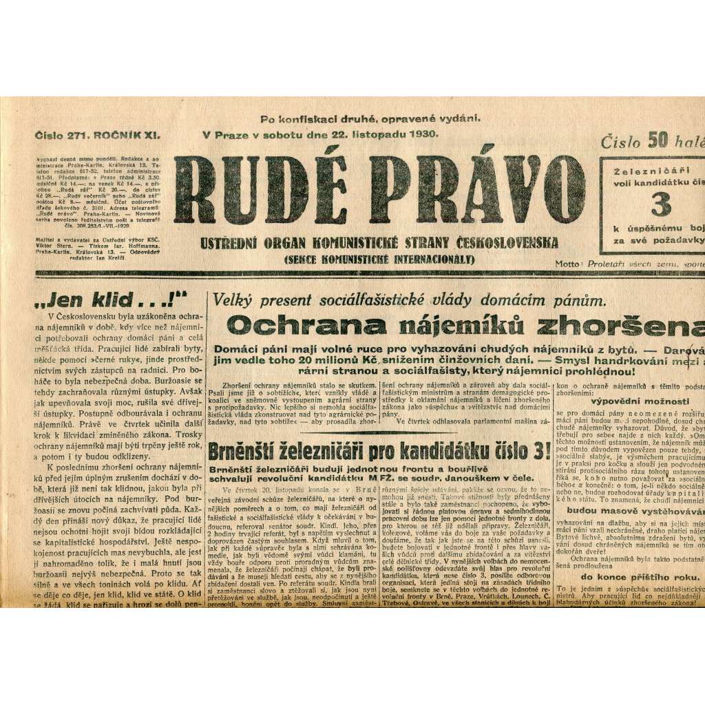 Rudé právo, ročník XI., číslo 271/1930 (1. republika, staré noviny) - 22.11.1930