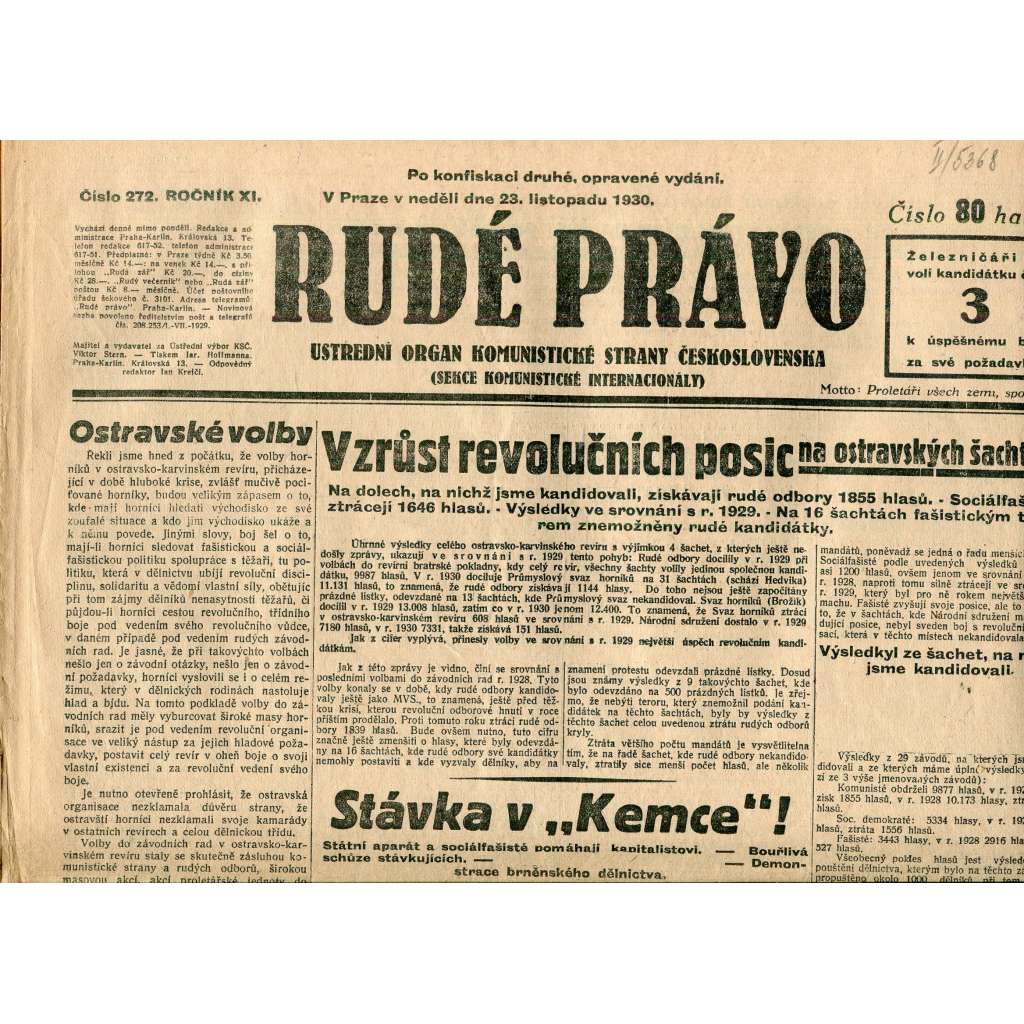 Rudé právo, ročník XI., číslo 272/1930 (1. republika, staré noviny) - 23.11.1930