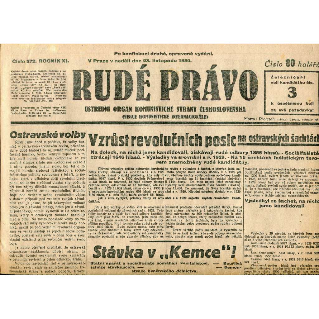 Rudé právo, ročník XI., číslo 272/1930 (1. republika, staré noviny) - 23.11.1930