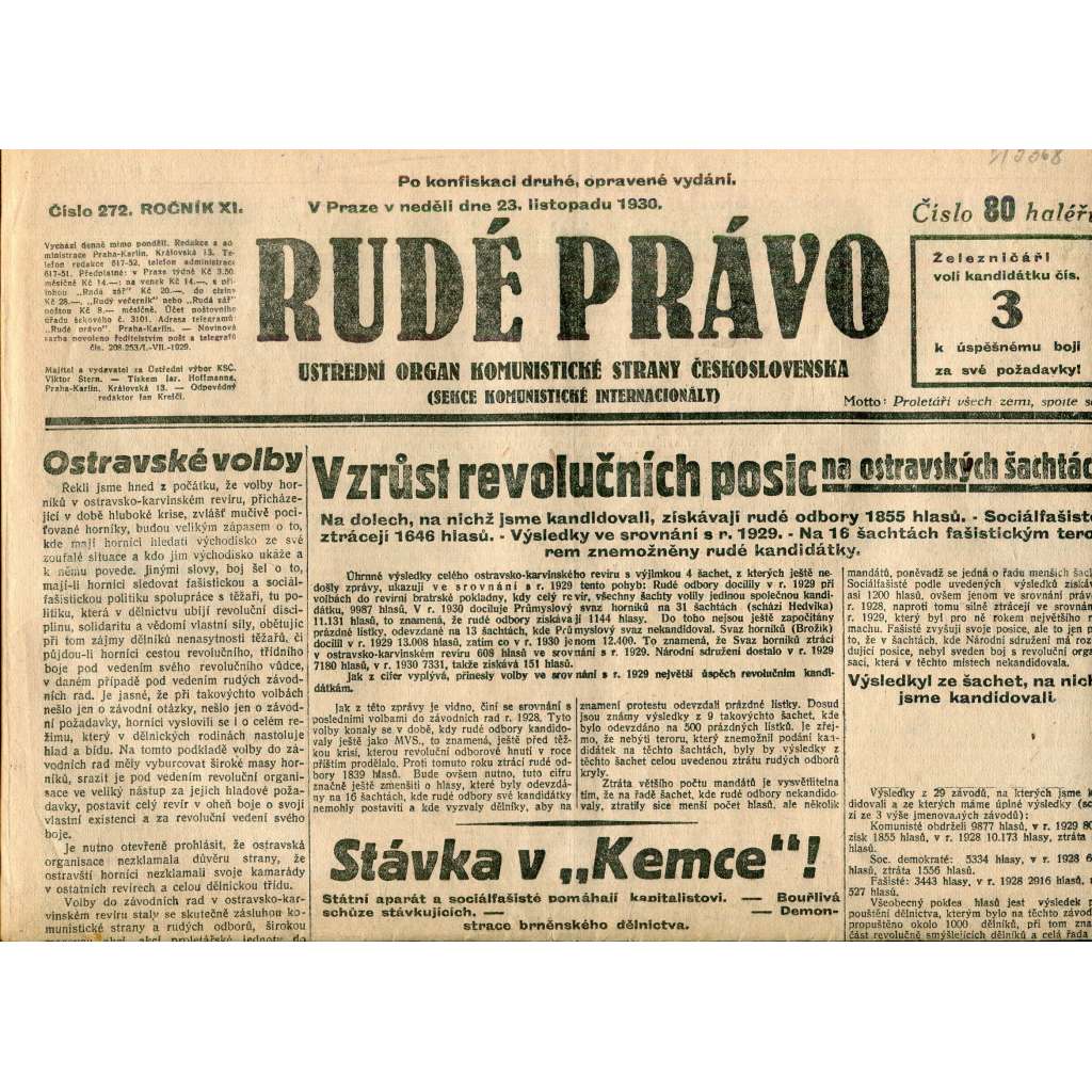 Rudé právo, ročník XI., číslo 272/1930 (1. republika, staré noviny) - 23.11.1930