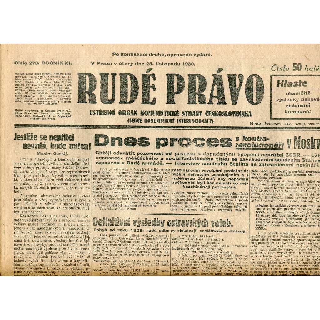 Rudé právo, ročník XI., číslo 273/1930 (1. republika, staré noviny) - 25.11.1930