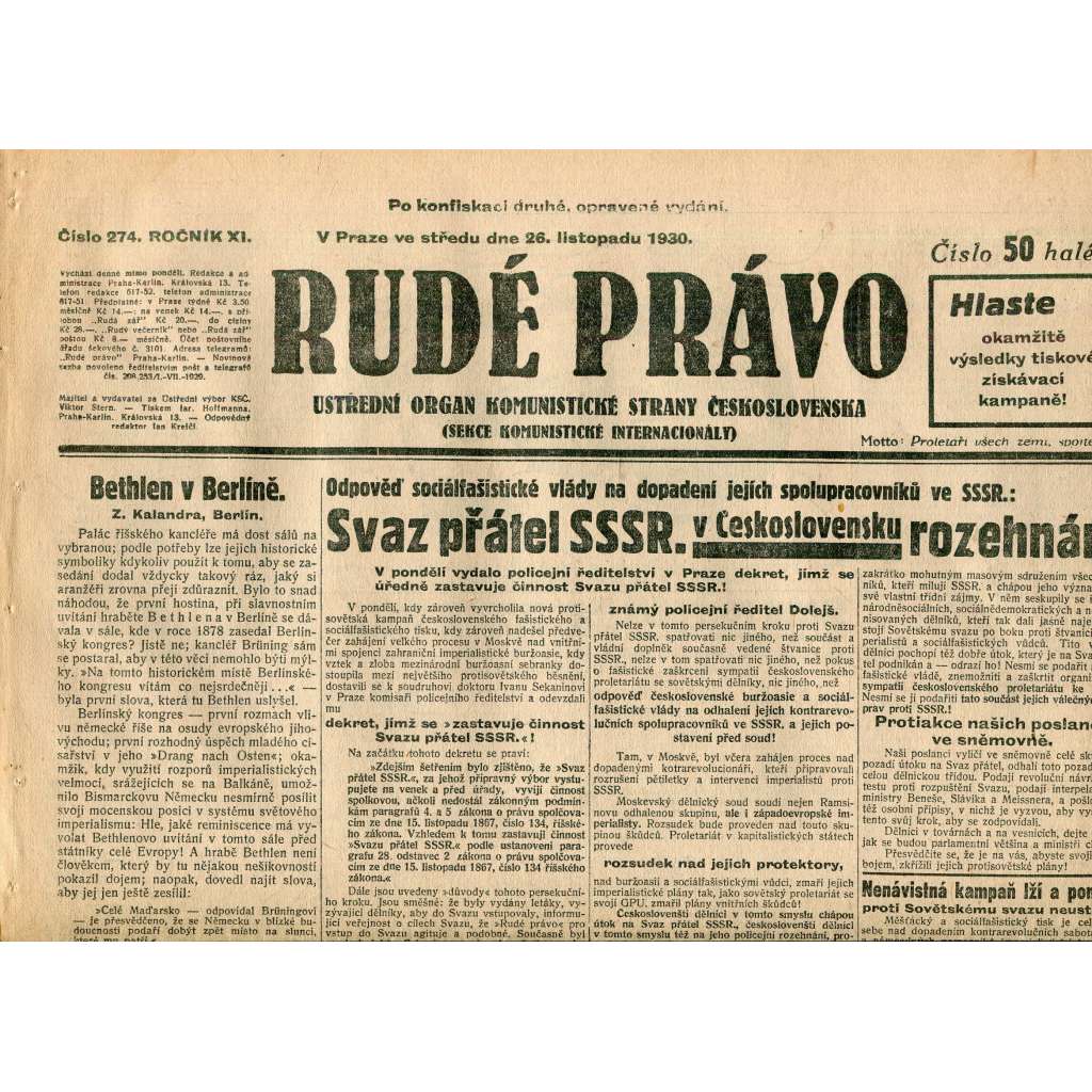 Rudé právo, ročník XI., číslo 274/1930 (1. republika, staré noviny) - 26.11.1930