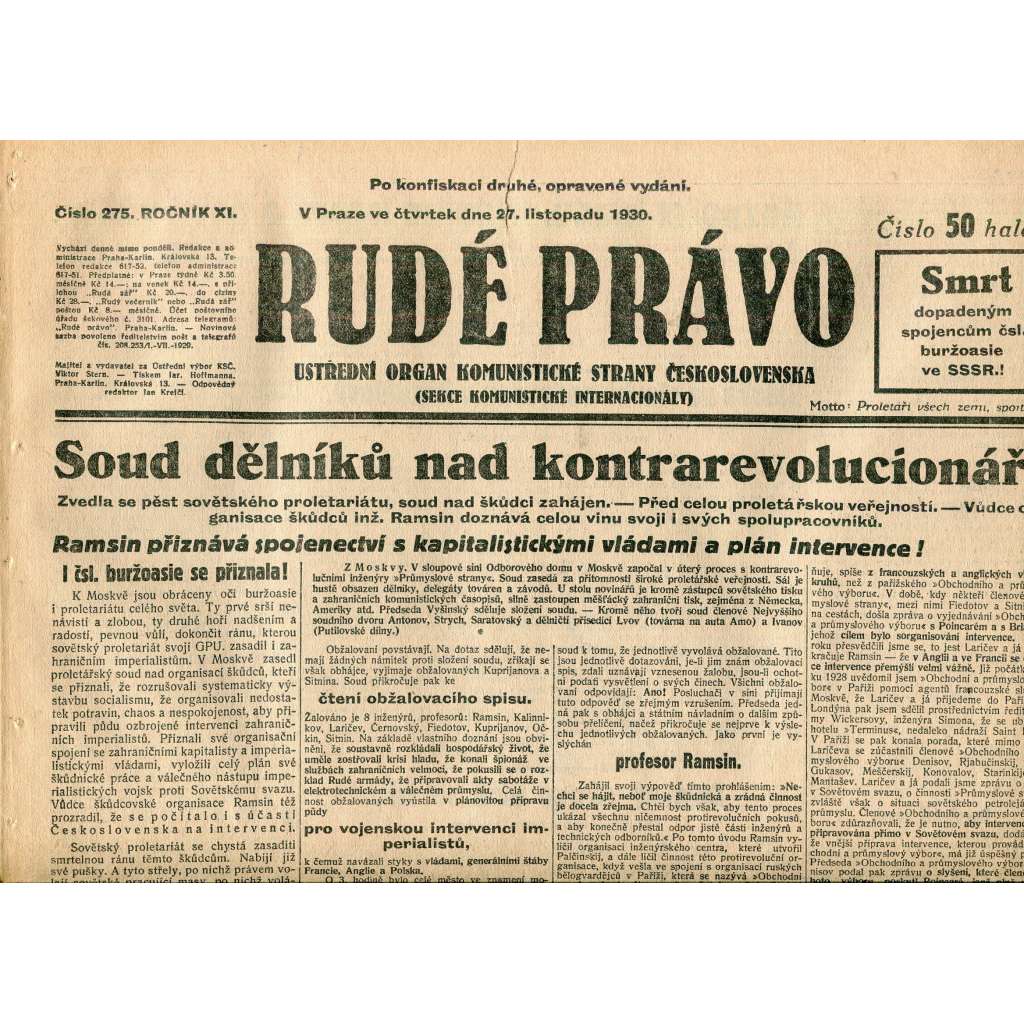 Rudé právo, ročník XI., číslo 275/1930 (1. republika, staré noviny) - 27.11.1930