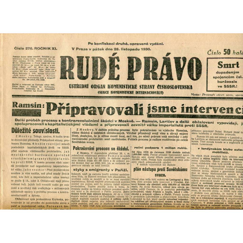 Rudé právo, ročník XI., číslo 276/1930 (1. republika, staré noviny) - 28.11.1930