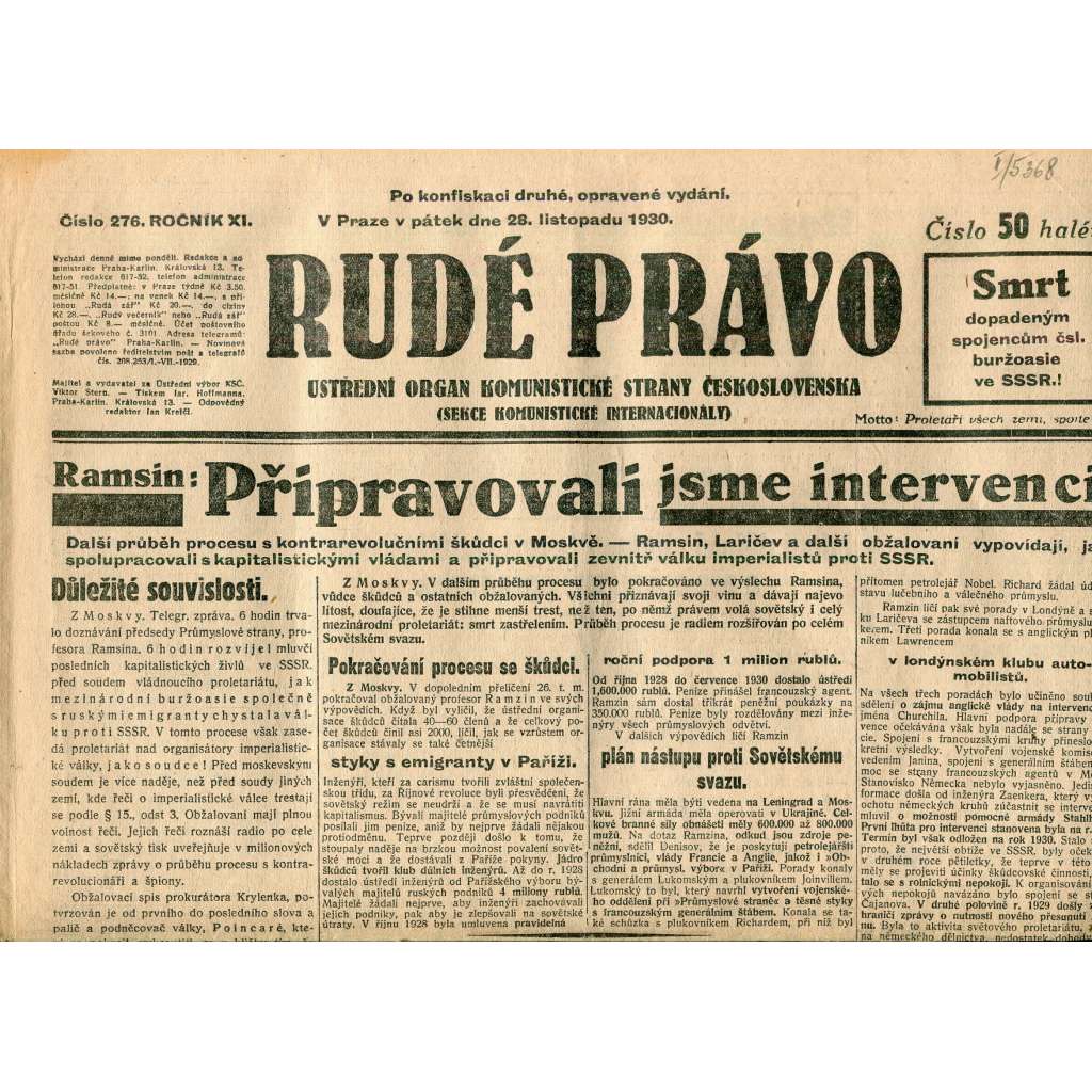 Rudé právo, ročník XI., číslo 276/1930 (1. republika, staré noviny) - 28.11.1930
